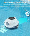 Cordless Robotic Pool Cleaner With Beast Suction And 120 Minute Runtime Automatic Vacuum For Above Ground And Inground Pools Up To 65 Feet Or 1100 Sq Ft Self Parking Lightweight Design In Ivory shown self-parking at pool edge.