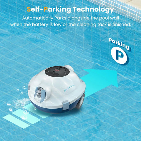 Cordless Robotic Pool Cleaner With Beast Suction And 120 Minute Runtime Automatic Vacuum For Above Ground And Inground Pools Up To 65 Feet Or 1100 Sq Ft Self Parking Lightweight Design In Ivory shown self-parking at pool edge.