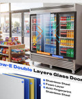 Top Shelf Heavy Duty Commercial Reach In Refrigerator With Three Glass Doors And Seventy Two Cubic Feet Of Stainless Steel Upright Merchandiser featuring Low-E double layers for insulation and rapid cooling.