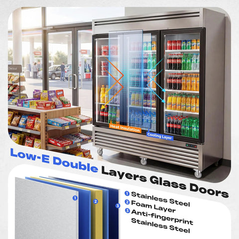 Top Shelf Heavy Duty Commercial Reach In Refrigerator With Three Glass Doors And Seventy Two Cubic Feet Of Stainless Steel Upright Merchandiser featuring Low-E double layers for insulation and rapid cooling.