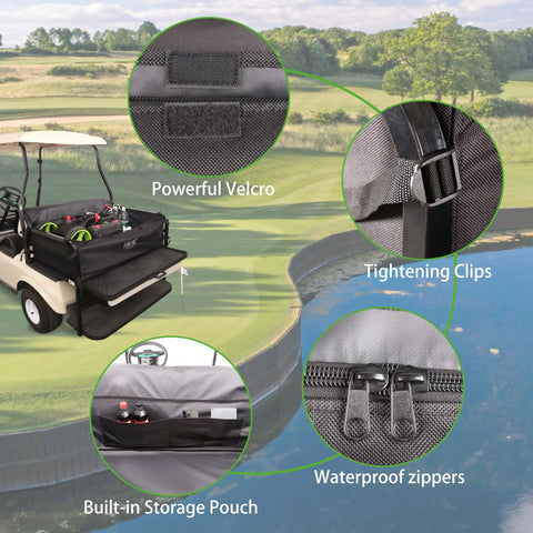 Rear Bench Golf Cart Storage Bag For 2 Plus 2 Or 4 Passenger Carts 800D PVC Dustproof Organizer With features highlighted