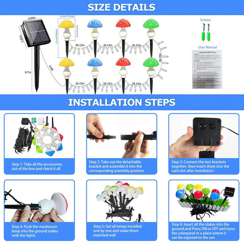 Installation guide for Dope Multicolor Solar Powered Mushroom Garden Lights With 50 LEDs, 23ft outdoor fairy string lights.