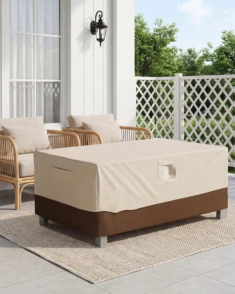 Heavy Duty Waterproof Patio Table Cover For Rectangular Or Oval Tables in beige and brown on outdoor furniture, 600D Oxford Fabric