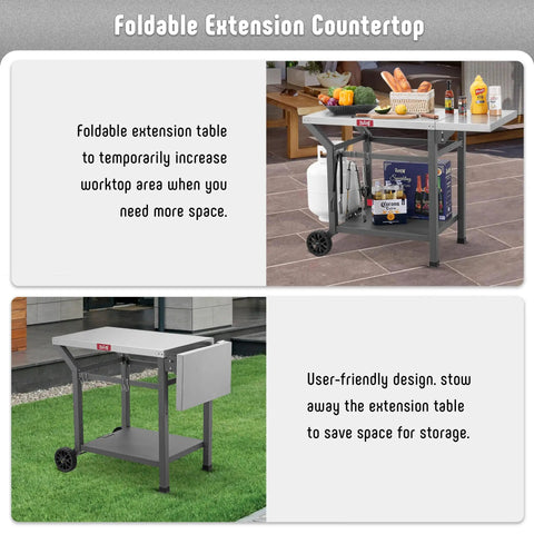Movable Grill Table With Folding Side Table And Pizza Oven Prep Cart For Outdoor And Indoor Use, Stainless Steel 43 Inch Tabletop With Undershelf, Six Utensil Hooks, Gas Cylinder Hook, Easy Foldable Extension, Grey showcasing foldable extension and storage features.