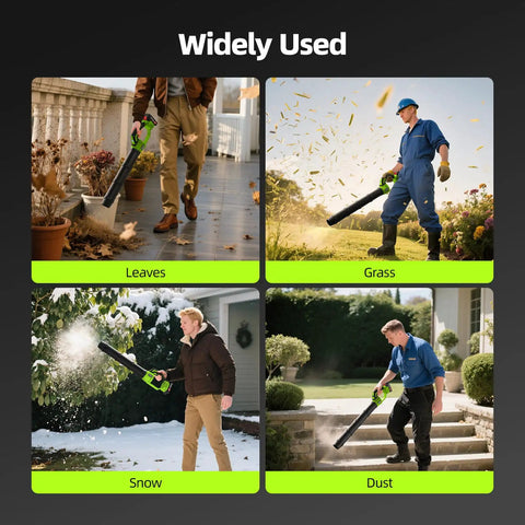 Four images of the Cordless Leaf Blower With Three 21V Batteries And Fast Charger, used for leaves, grass, snow, and dust.