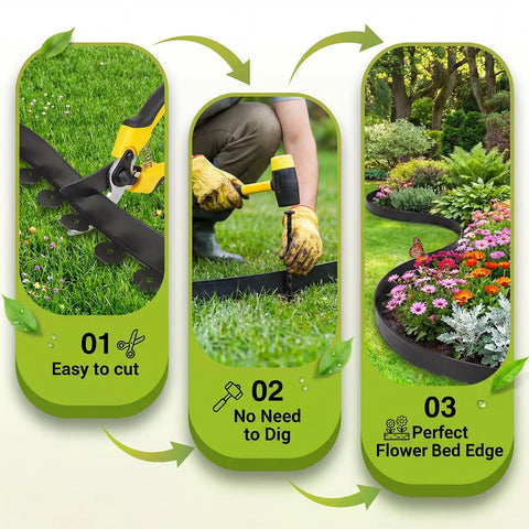 Steps showing Landscape Edging Kit 1.5 Inch By 100 Foot Plastic Garden Border with 120 Spikes No Dig Black Border installation process