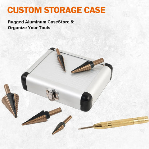 Six Piece Step Drill Bit Set With Automatic Center Punch Titanium HSS Coated Unibits Fifty Sizes For Metal And Aluminum Includes Durable Aluminum Case High Speed Cutting For DIYers visible with aluminum storage case and drill bits.