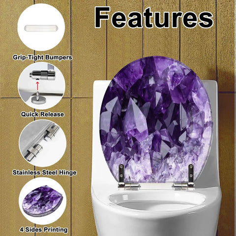 Premium Elongated Toilet Seat Featuring Gentle Soft Close Cover And No Sweat Quick Mount Hardware For Standard Oval Bowls In Classic Beige With Top Shelf Rustproof Hinges with purple gem design and stainless steel hinges.