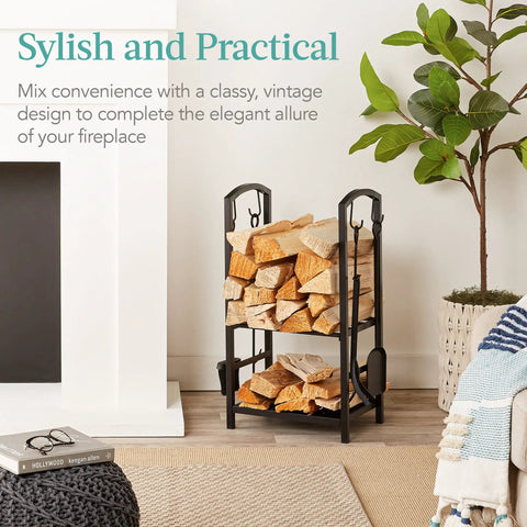 Five Piece Wrought Iron Firewood Storage Rack With All In One Tool Set for fireplace with logs in living room.