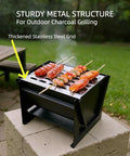 Compact Foldable Charcoal Grill For 1 To 2 People, Tabletop BBQ Cooker with skewers cooking hot dogs and steak outdoors