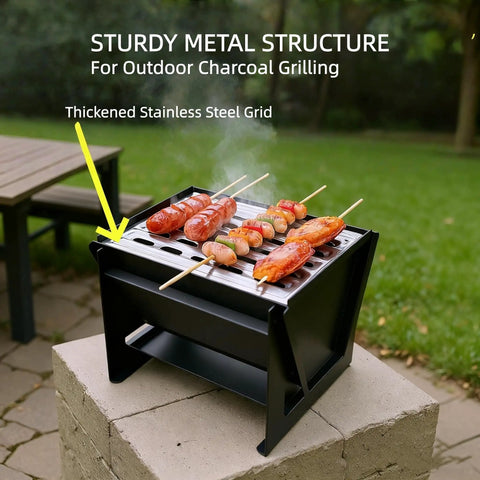 Compact Foldable Charcoal Grill For 1 To 2 People, Tabletop BBQ Cooker with skewers cooking hot dogs and steak outdoors
