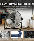 Heavy Duty 20 Inch Metal Floor Fan With High Velocity Airflow Up To 4650 CFM Three Speed Settings And 360 Degree Adjustable Tilt