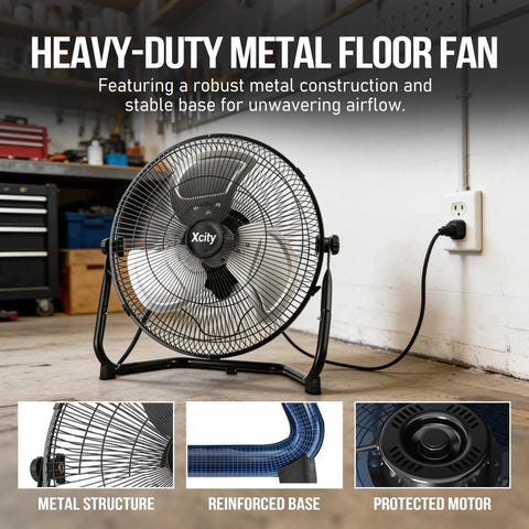 Heavy Duty 20 Inch Metal Floor Fan With High Velocity Airflow Up To 4650 CFM Three Speed Settings And 360 Degree Adjustable Tilt