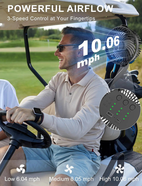 Man using Rechargeable Magnetic Golf Cart Fan With Light And 12000mAh Battery Dual Magnet Base For Easy Mount on cart