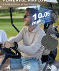 Keep Your Golf Cart Chill On The Road With This Rechargeable Magnetic Fan Featuring 12000 Mah Battery 3 Speed Settings And Bright LED Lantern Light For Smooth Cruising Vibes. Man enjoying airflow from fan in golf cart.