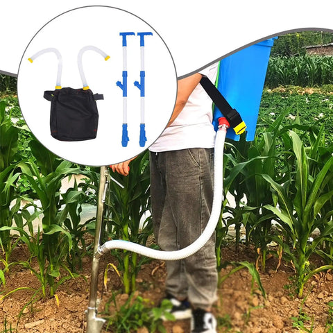 Person using Backpack Spreader Sprayer For Garden And Farm Adjustable Output Granular Manure Applicator with PVC handle in a field.