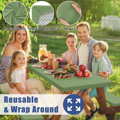 Family using Stretchy Picnic Table Cover With Bench Covers For 6 Foot Rectangular Tables Elastic Fitted Spandex Tablecloth