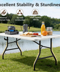 Outdoor scene with 2 Pack 6 Ft Folding Plastic Tables Heavy Duty Portable Fold In Half Utility Tables With Carrying Handles for picnic setup.