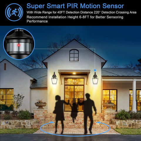Motion Sensor Outdoor Wall Light 17 Inch Tall Black Dusk To Dawn Exterior Sconce illuminating a house entrance.