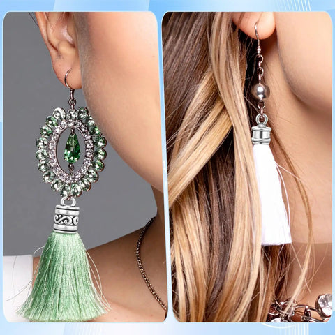 Close-up of earrings with green gemstones and white tassels, featuring 100 Pcs Cord End Caps Jewelry Making Kit With Five Styles In Antique Silver Alloy Tips Plus Lobster Clasps And Jump Rings For DIY Bracelets Necklaces And Anklets Create Custom Bling With Ease elements.