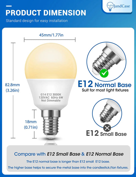 LED Ceiling Fan Light Bulbs 6W 60W Equivalent E12 Small Base 5000K Daylight Non Dimmable G14 Chandelier Bulbs product dimensions
