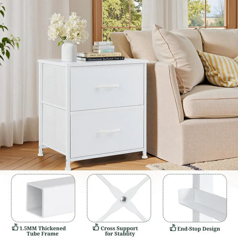 Cozy Two Drawer Nightstand With Removable Fabric Drawers And Wooden Top End Table For Bedroom Dorm And Entryway White Finish