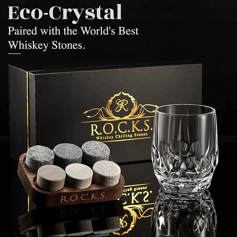 Eco Crystal Whiskey Gift Set With Handcrafted Granite Chill Stones And European Style 11.7 Oz Tumbler, Hardwood Presentation Tray And Gold Foil Box