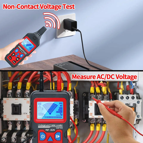Person using Underground Cable Locator and Wire Tracker NF826 for Dog Fence Cables to test voltage without contact.