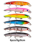 Six colorful minnow lures with 3D eyes and hooks from Beast 43Pc Fishing Lures Set Minnow and Crankbait Tackle Kit