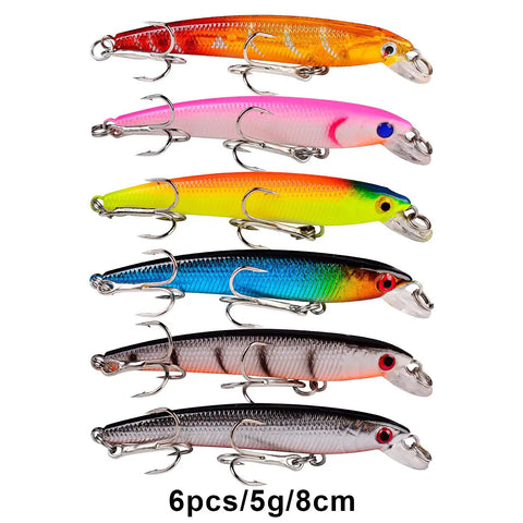 Six colorful minnow lures with 3D eyes and hooks from Beast 43Pc Fishing Lures Set Minnow and Crankbait Tackle Kit