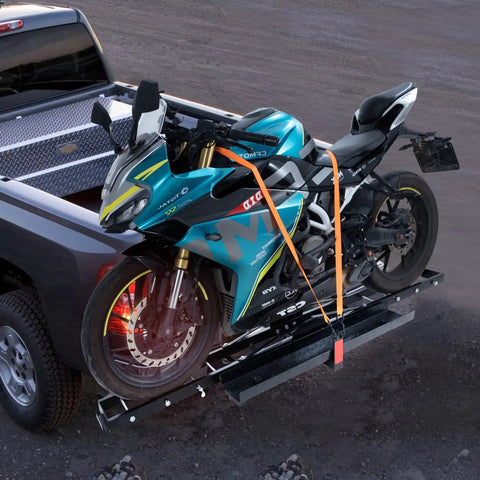 Heavy Duty Motorcycle Carrier Hitch Mount With 600 Lbs Capacity 47 Inch Longer Ramp installed on truck
