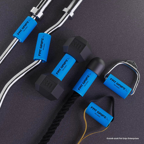 Grip Trainer And Arm Builder With Thick Two And A Quarter Inch Grips For Barbell Dumbbell Handles And Pull Up Bars To Boost Grip Strength And Arm Size Fast For Bigger Arms And A Beast Mode Grip On Every Workout Session, shown on various gym equipment.
