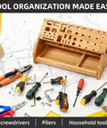 Eco Friendly Bamboo Screwdriver Organizer And Tool Storage Rack For Workbench And Desktop with scattered tools