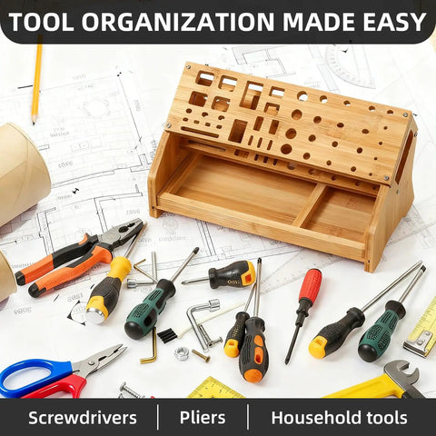 Eco Friendly Bamboo Screwdriver Organizer And Tool Storage Rack For Workbench And Desktop with scattered tools