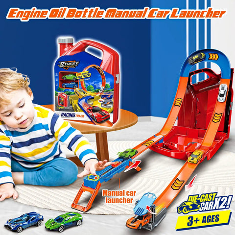 Child playing with Ultimate 2 Car Race Track Set With Two Cars, 2 In 1 Reconfigurable Track System And Rad Storage Box.