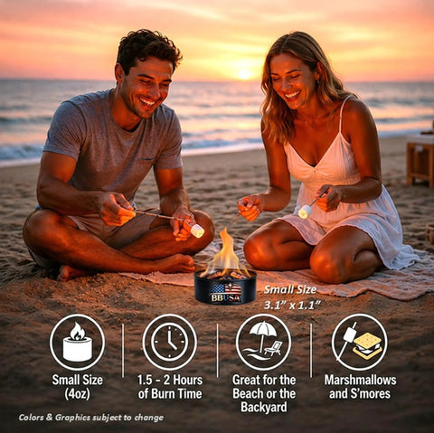 Couple on beach using Campfire In A Can Portable Mini Fire Pit For Marshmallows And Smores Made In USA Trail Ready For Hiking Backpacking Camping And Emergencies Compact One Pack With A 1.5 To 2 Hour Burn Time Lightweight Four Ounces