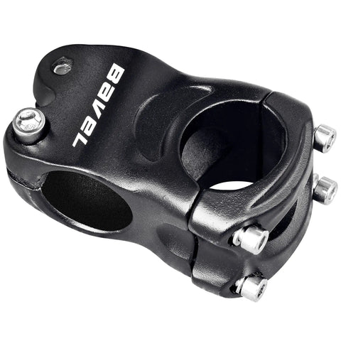 Sturdy 6061 Aluminum MTB Stem Riser 31 Point 8 Millimeter Front Fork Compatible Short Handlebar Stem For Mountain And Fixed Gear Bikes Lightweight Durable Quality in black, close-up view showing construction and mounting bolts.