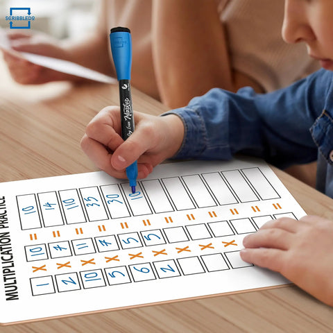 Child writing on Dry Erase Multiplication Chart Whiteboard 11 By 14 Inches Double Sided Times Table For Classroom And Home