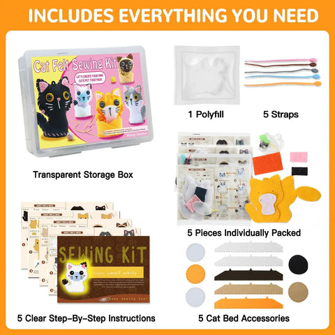 Cat Sewing Kit For Kids Beginners Starter Kit With Pre-Punched Felt Learn To Sew For Ages 6 To 12 Includes Five Kitten Projects