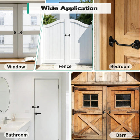 Four Inch Hook And Eye Door Latch Tough As Nails Heavy Duty Stainless Steel Black Finish Gate Latch For Barn Doors Shed Cabins Windows And Bathrooms Sliding Doors Pack Of 3 shown installed on various doors and gates