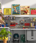 Modern workshop with floating shelves supported by set of 6 8 inch heavy duty hidden L shelf brackets for 200 pounds, black iron finish.