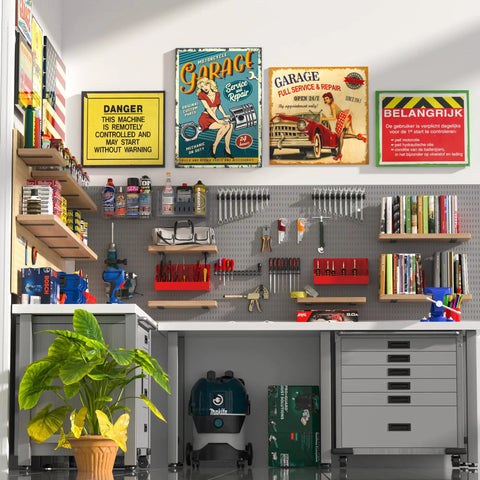Modern workshop with floating shelves supported by set of 6 8 inch heavy duty hidden L shelf brackets for 200 pounds, black iron finish.
