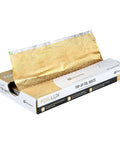 Gold Embossed Pop-Up Foil Sheets 10.8 X 9 Inch Interfolded Greaseproof and Freezable Oven Ready Aluminum Foil Papers in packaging.