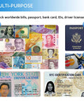 Counterfeit Bill Detector With LED UV Light 365nm Ultra Bright Go To Money Verification Tool For Bills Long Life LED Image, shows multi-purpose usage with various banknotes, a passport, and ID cards.