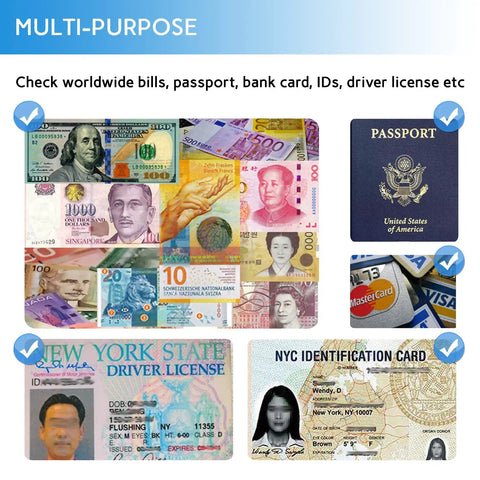 Counterfeit Bill Detector With LED UV Light 365nm Ultra Bright Go To Money Verification Tool For Bills Long Life LED Image, shows multi-purpose usage with various banknotes, a passport, and ID cards.
