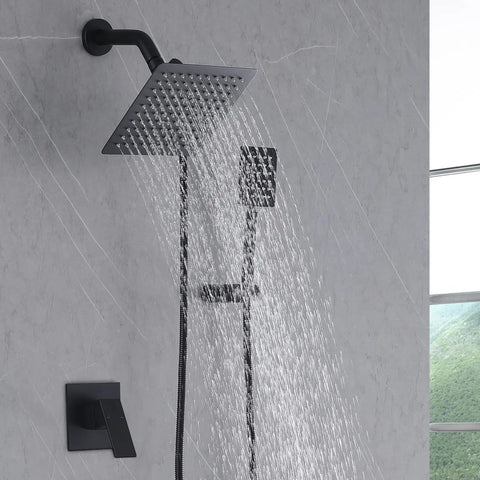Matte Black 2 Handles Tub and Shower Faucet Set With Tub Spout, Valve Included, Dual 2 In 1 Shower System in action