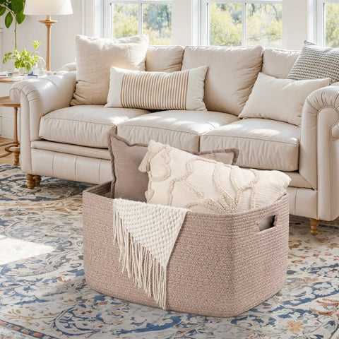 Spacious Brown Cotton Rope Basket Provides Solid Game Changing Storage For Family Areas Woven Tub Carries Heavy Comforters Fluffy Towels Playroom Toys Fast Daily Declutter And Lazy Sunday Vibes