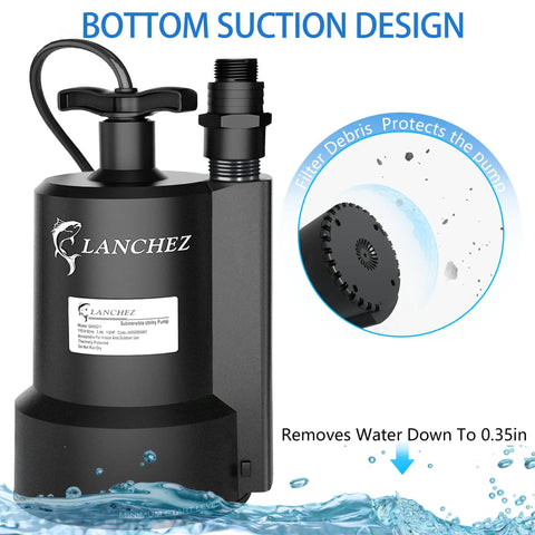 Half Horsepower Submersible Sump Pump 2450 GPH Water Transfer Pump Portable Electric For Hot Tubs Pools Basements Gardens Ponds And Tubs With 10 Foot Cord Do It All, black unit with bottom suction design