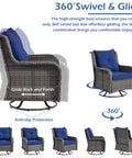 Three Piece Outdoor Patio Set With 360 Degree Swivel Rocking Chairs And Rattan Side Table, showing swivel motion and blue cushions.