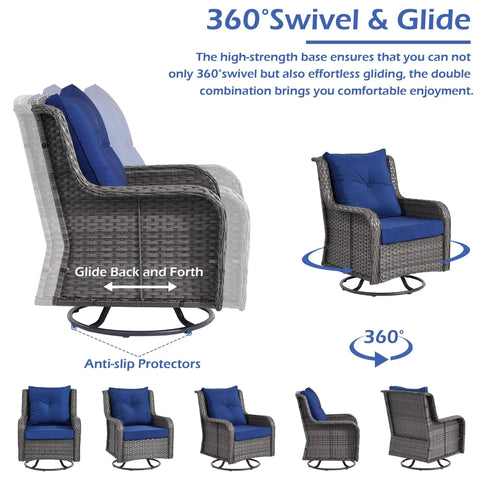 Three Piece Outdoor Patio Set With 360 Degree Swivel Rocking Chairs And Rattan Side Table, showing swivel motion and blue cushions.